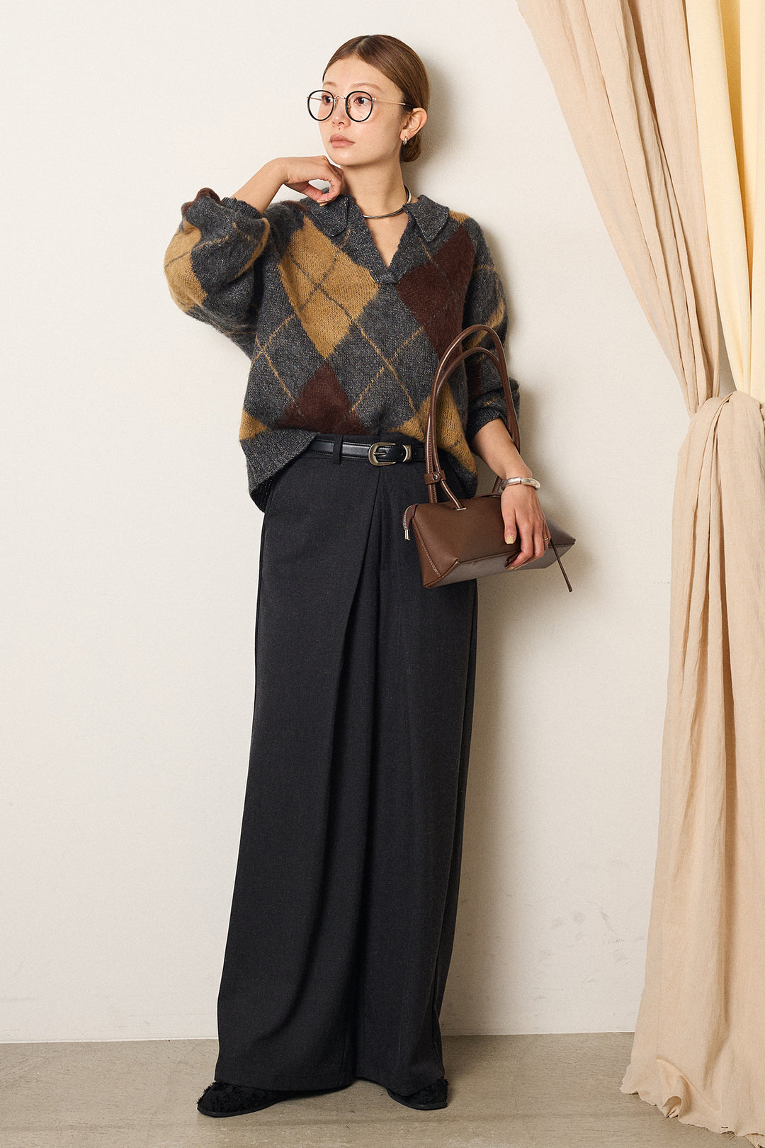 [SET]アクリルモヘアアーガイルキーネックプルオーバー+フロントワイドタックネップ入ワイドパンツ(2set)