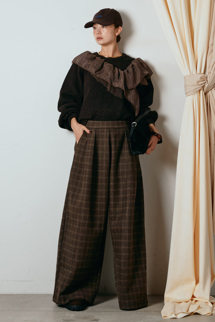 [SET]アシンメトリーフリルニットトップス+ウールライクチェックタックパンツ(2set)