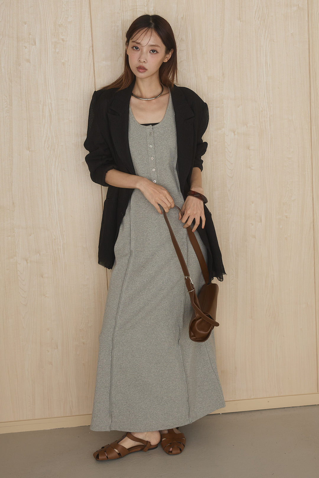 [SET]メッシュテーラードワイドジャケット+ノースリロングワンピース(2set)