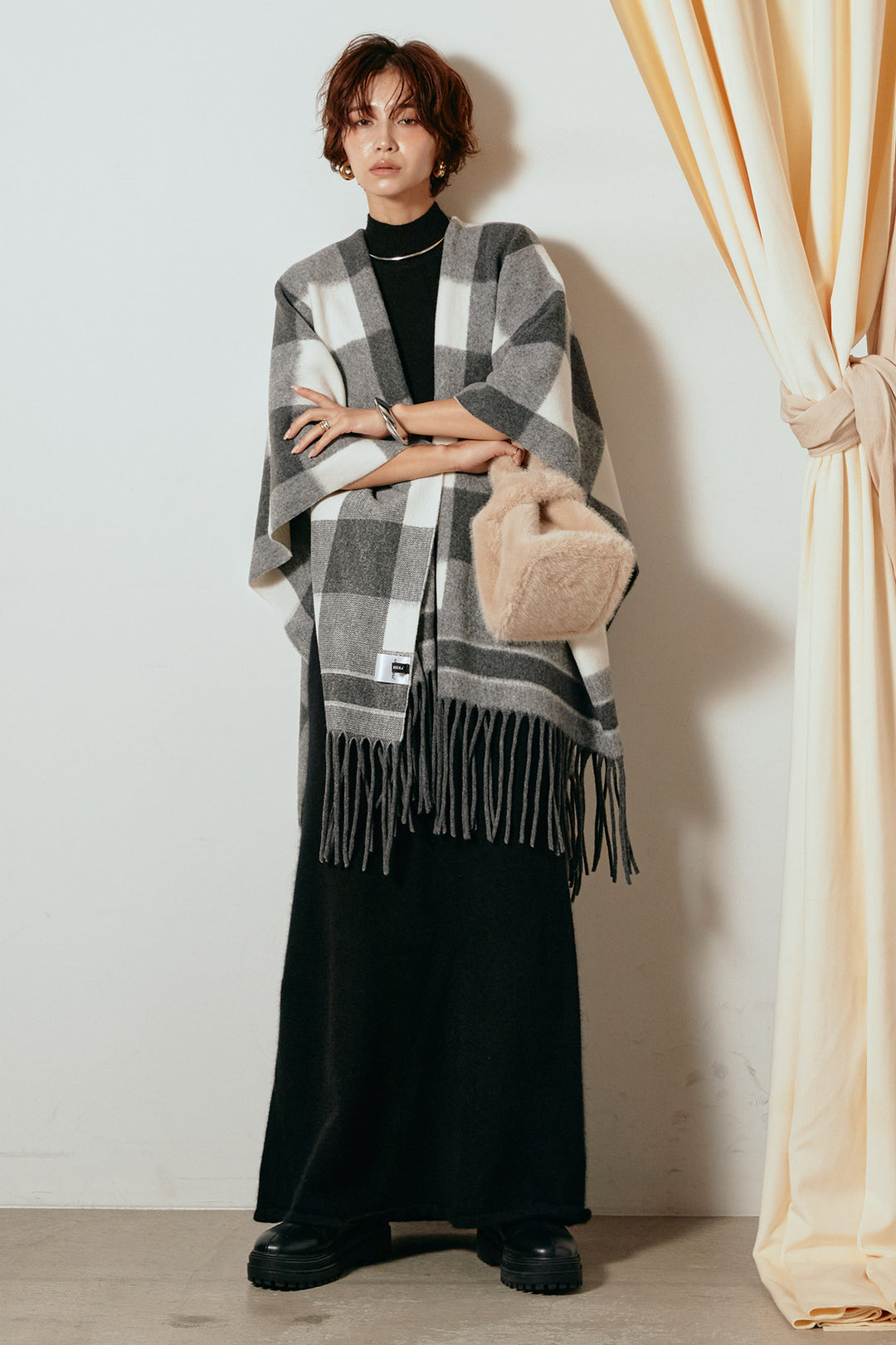 [SET]裾フリンジ柄ポンチョアウター+ノースリーブニットロングワンピース(2set)