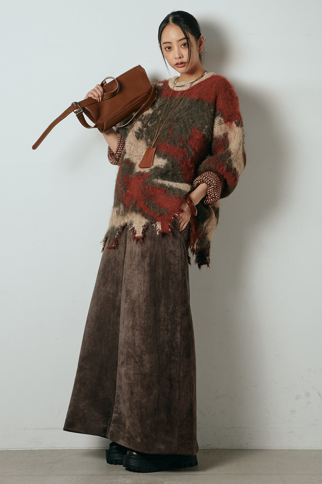 [SET]起毛裾デザインニュアンス柄ニットトップス+エコスウェードワイドスカート(2set)