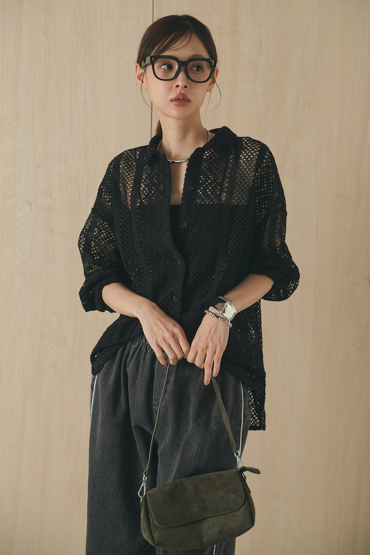 [SET]長袖襟付きレースシャツ+ドロストサイドラインデニムパンツ(2set)