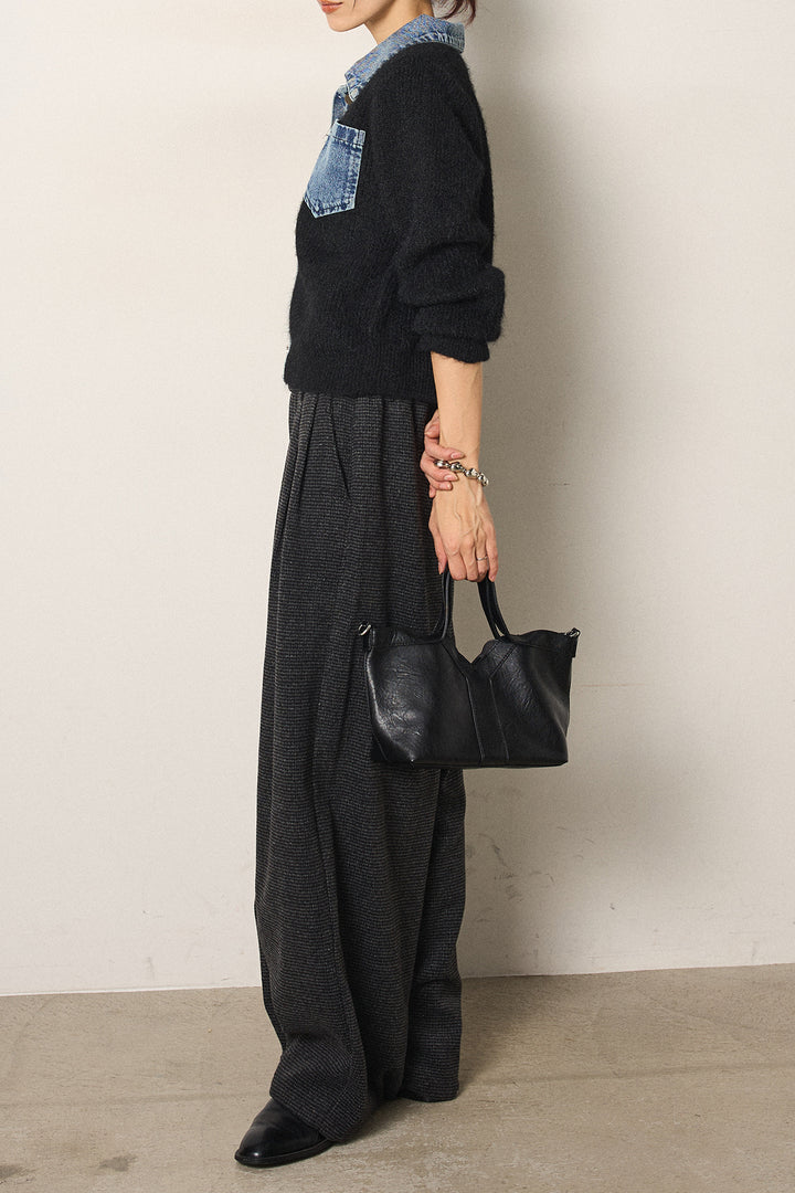 [SET]襟付きデニム切替ニットカーディガン+起毛タック入りツイードワイドパンツ(2set)