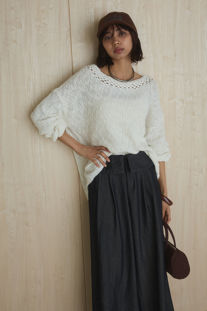 [SET]ネック編みデザインニットトップス+ウエスト折り返しワイドパンツ(2set)