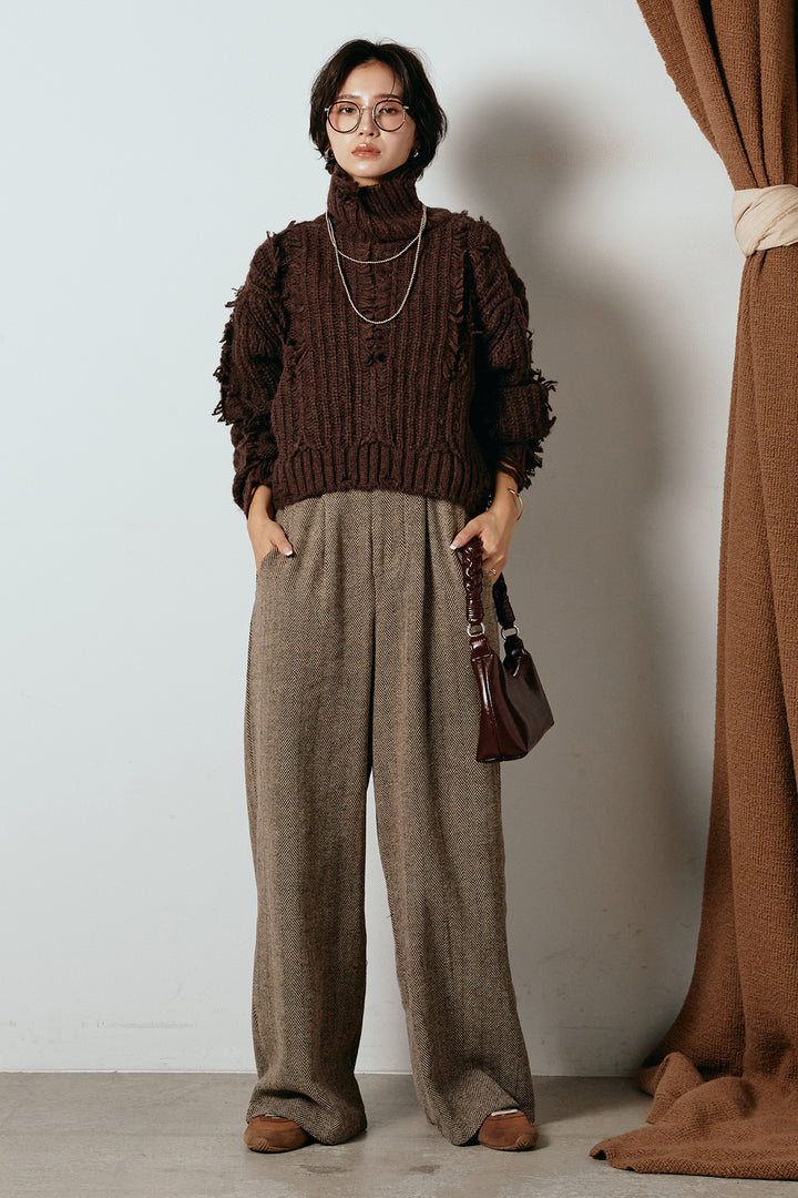 [SET]フリンジタートルショートニット+クラシックヘリンボーンサロペット(2set)