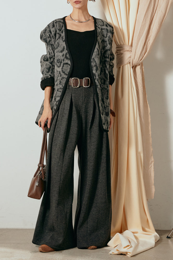 [SET]ノーカラーレオパード柄アウター+フェイクレザー太ベルト付きタックワイドパンツ(2set)