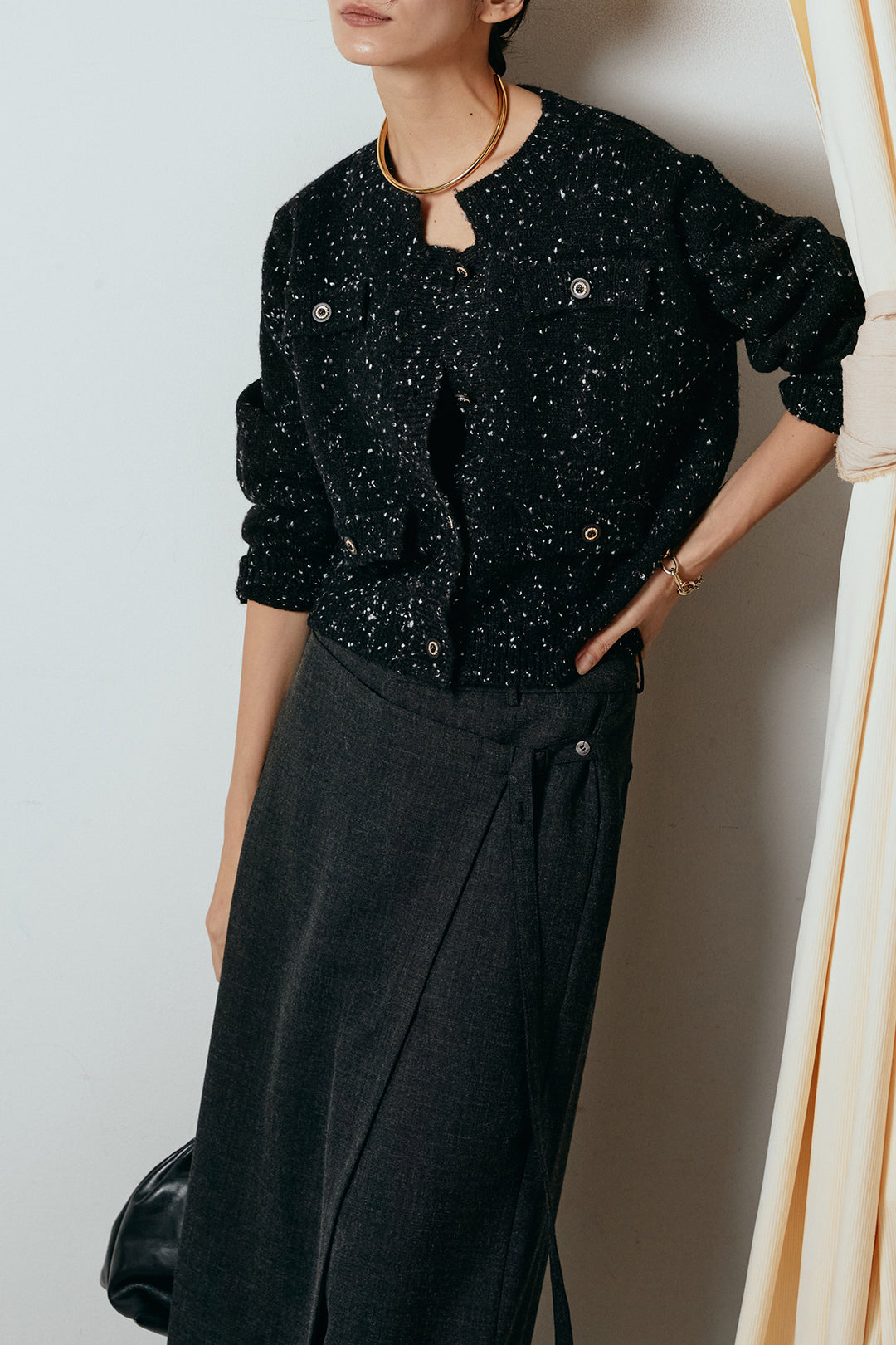 [SET]ネップニットカーディガン+ラップ巻きワイドスラックス(2set)