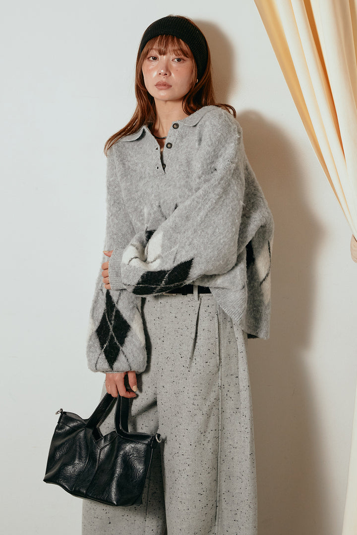 [SET]アーガイル柄ポロニットトップス+ベルト付きネップツイードカーブパンツ(2set)