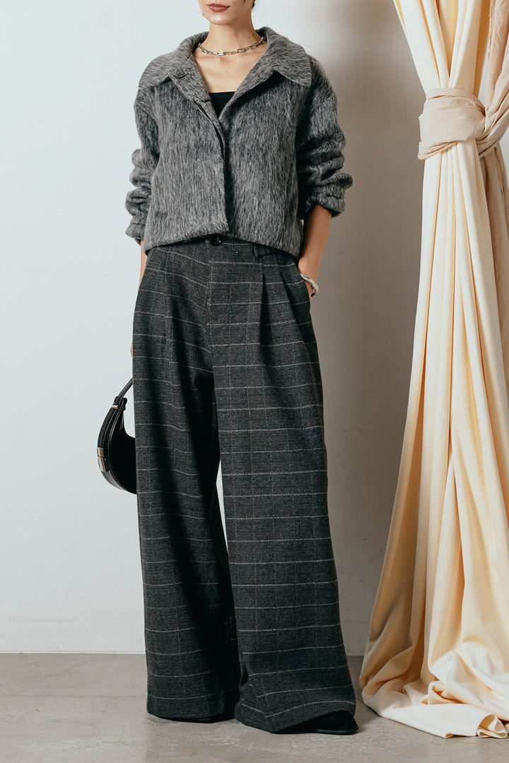 [SET]シャギーショートジャケット+スクエアチェック柄ワイドパンツ(2set)