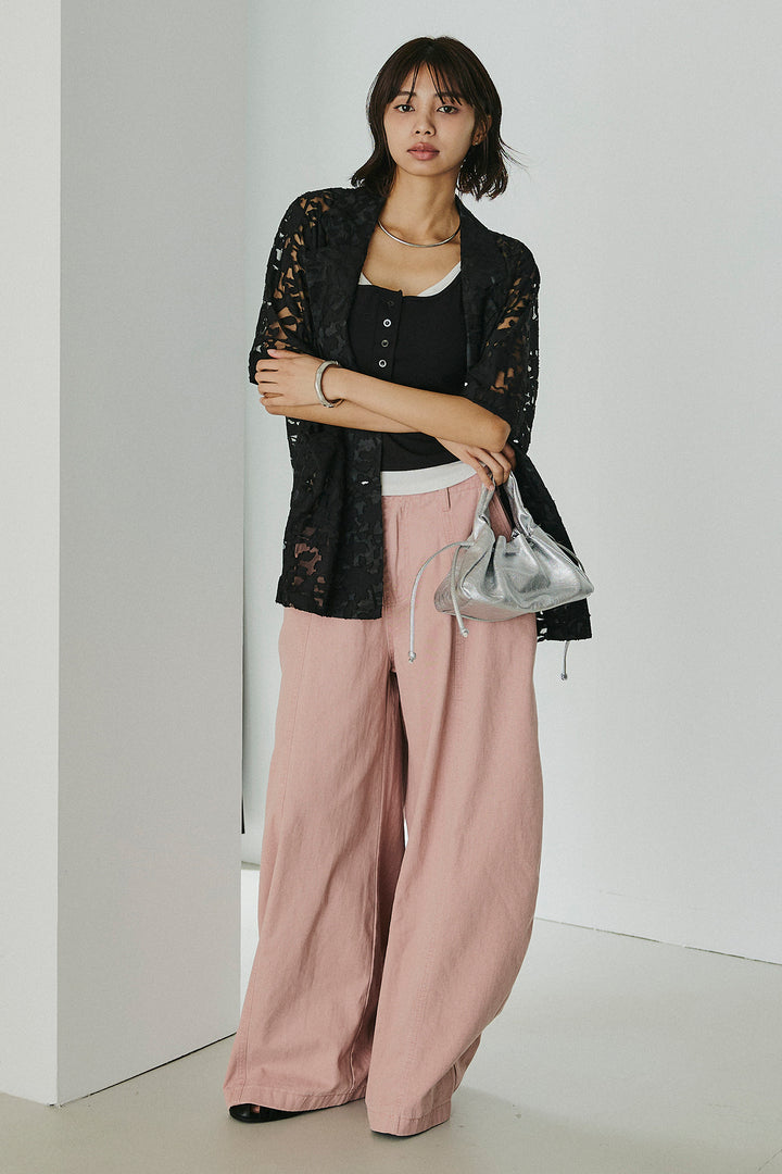 [SET]シアージャガードハーフスリーブテーラードジャケット+サイドベルトカーブワイドパンツ+配色ヘンリーネックタンクトップ(3set)