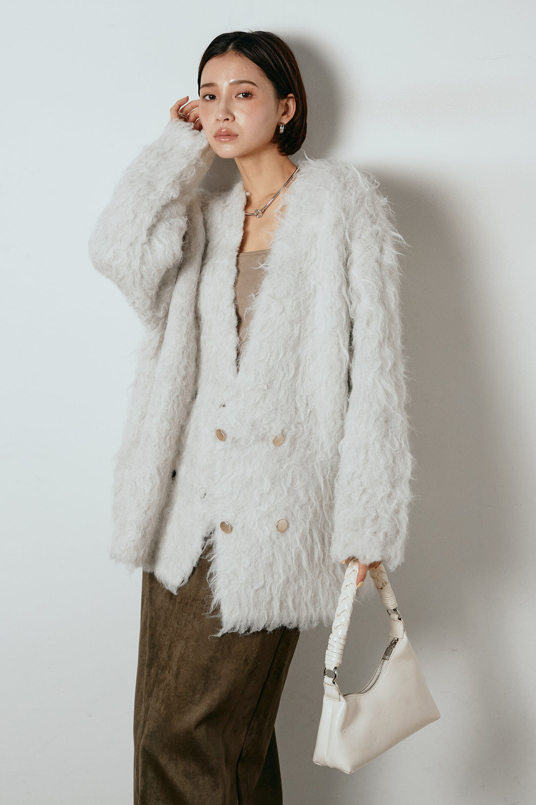 [SET]ウェーブシャギーニットジャケット+スウェードライク裾フリンジスカート(2set)