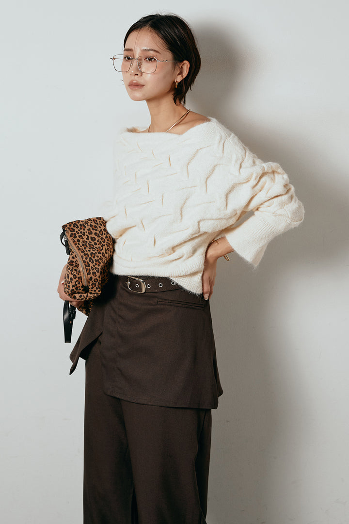 [SET]ボートネックニットトップス+ベルト付きウエストデザインパンツ(2set)