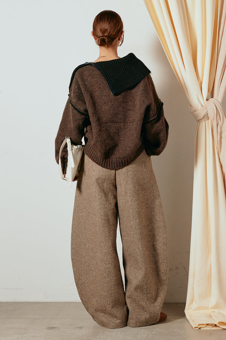[SET]ハイネックジップデザインニットトップス+ベルト付きネップツイードカーブパンツ(2set)