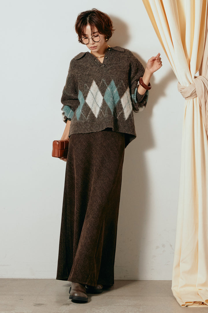 [SET]アーガイル柄ポロニットトップス+スウェードライクロングスカート(2set)