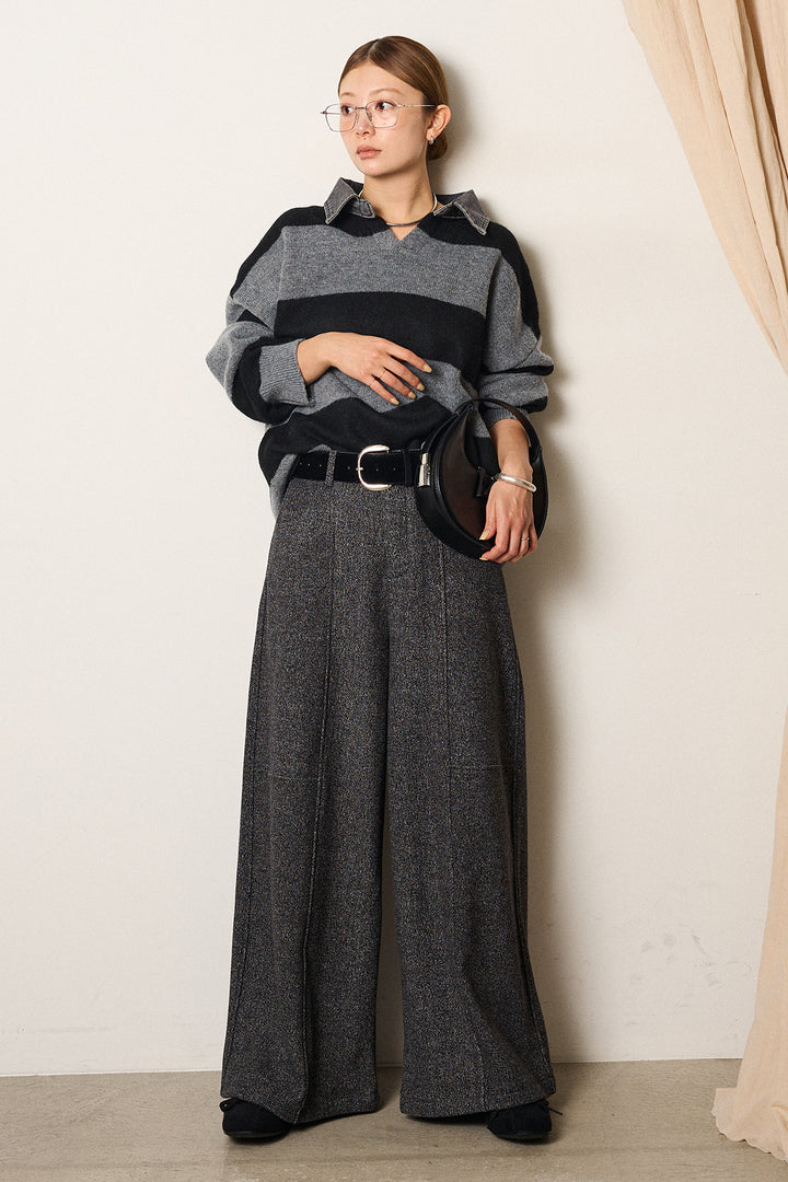 [SET]デニムカラーボーダールーズニット+太ベルト付きツイードワイドパンツ(2set)