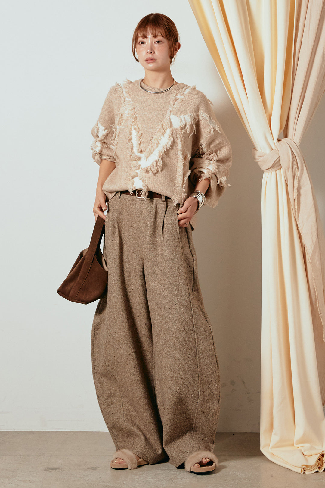 [SET]シャギージャガードニットトップス+ベルト付きネップツイードカーブパンツ(2set)