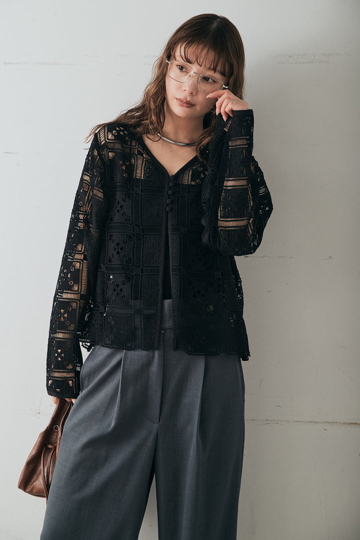 [SET]クロシェレースカーディガン+センタープレスセミワイドパンツ(2set)