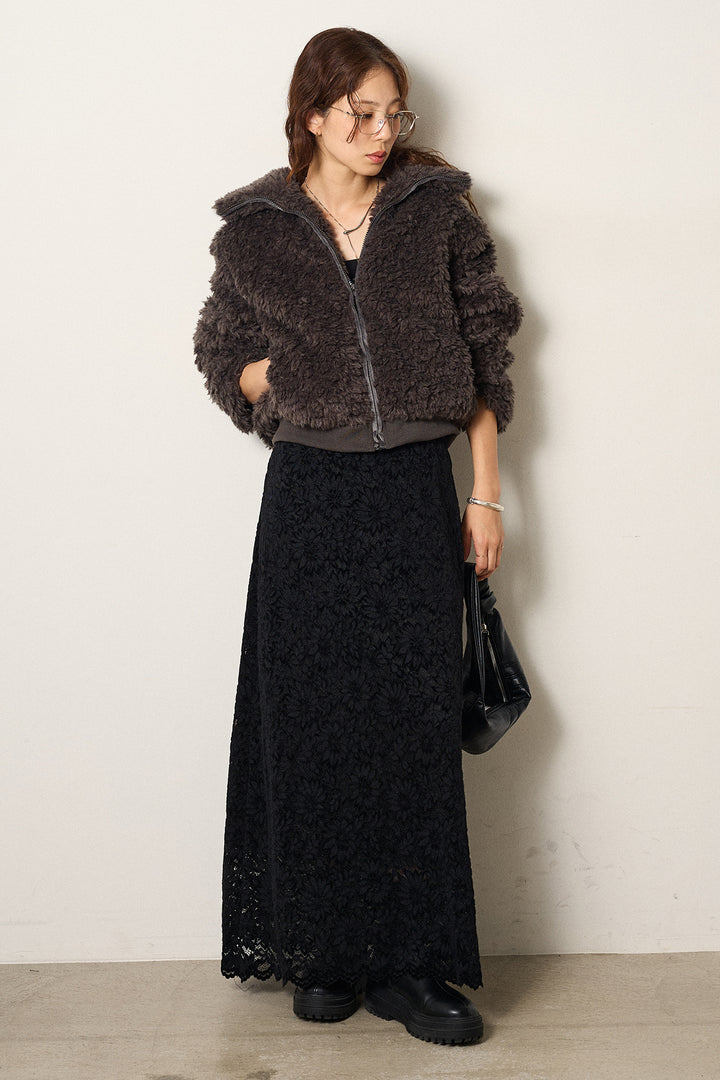 [SET]スタンドカラー裾リブボアブルゾン+花柄刺繍ベロアフレアスカート(2set)