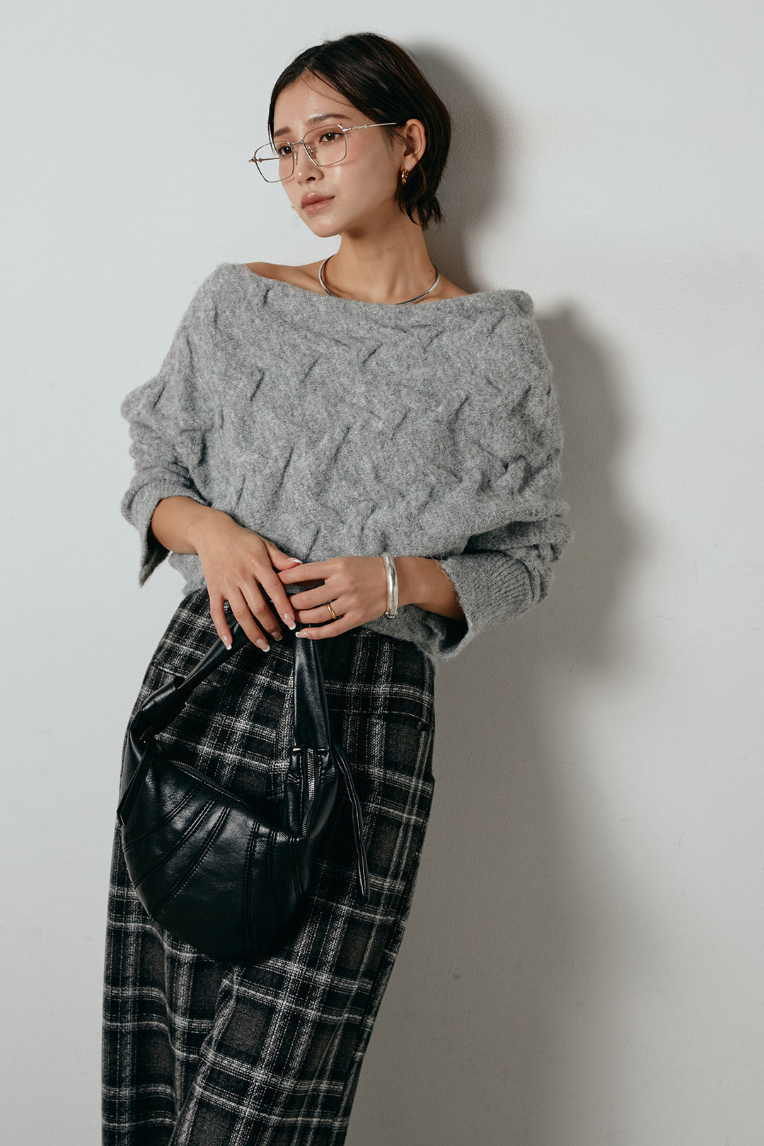 [SET]ボートネックニットトップス+ルーズタータンチェックワイドパンツ(2set)