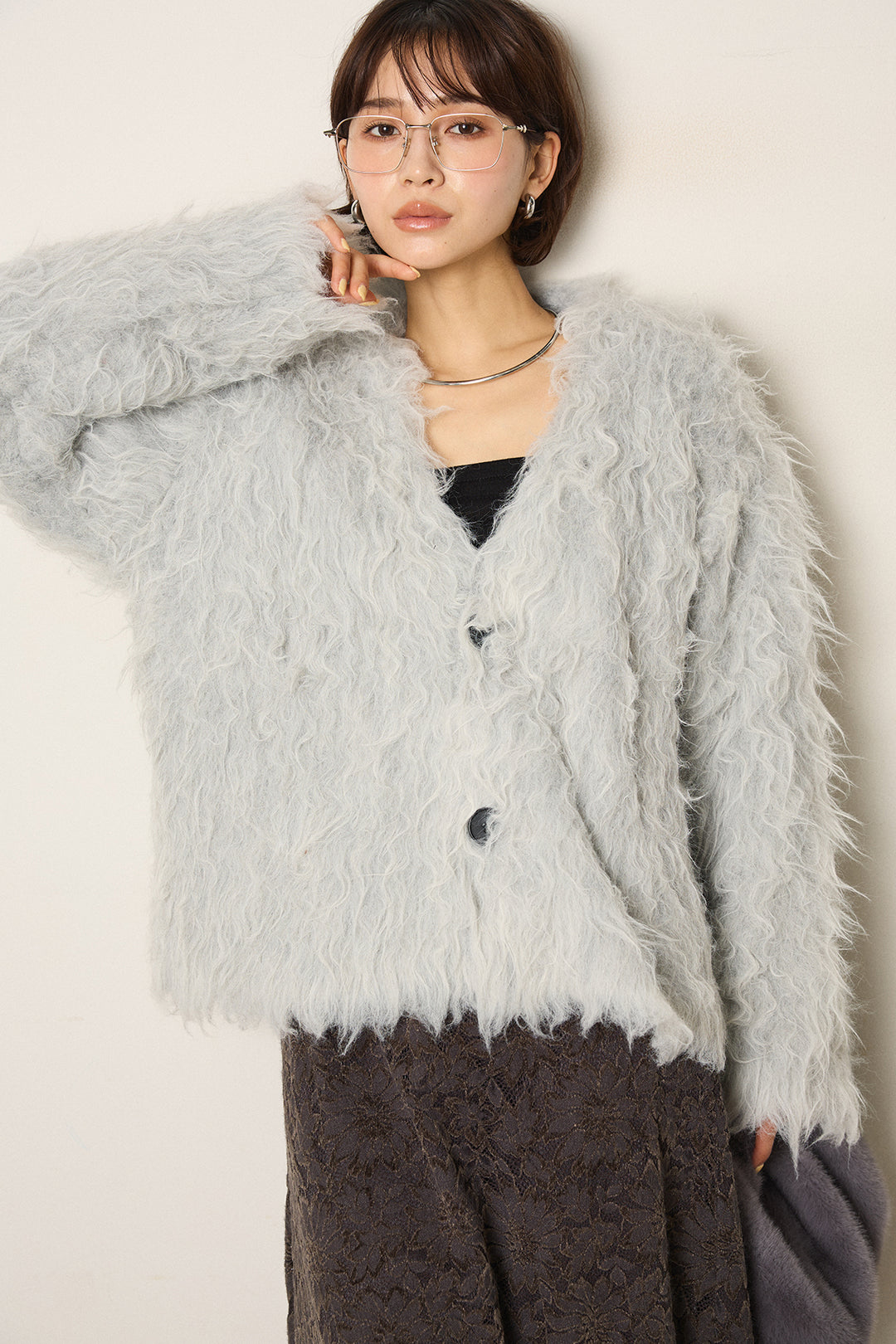 [SET]起毛シャギーニットカーディガン+花柄刺繍ベロアフレアスカート(2set)