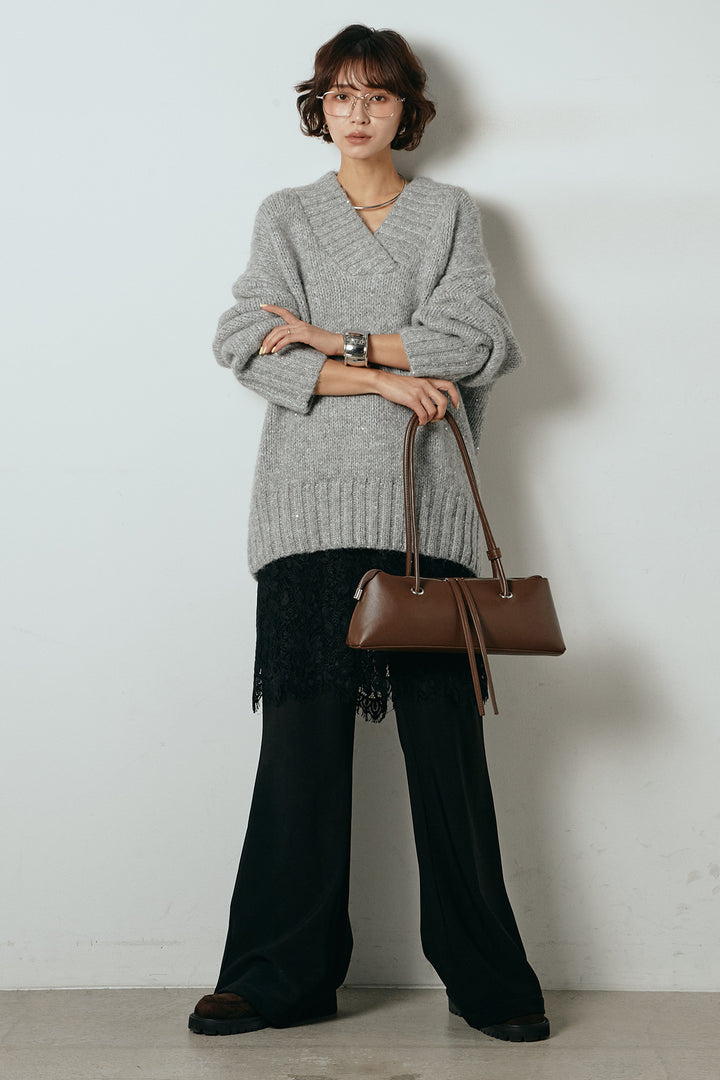 [SET]Vネックラメニットトップス+レース刺繍レイヤードフレアパンツ(2set)