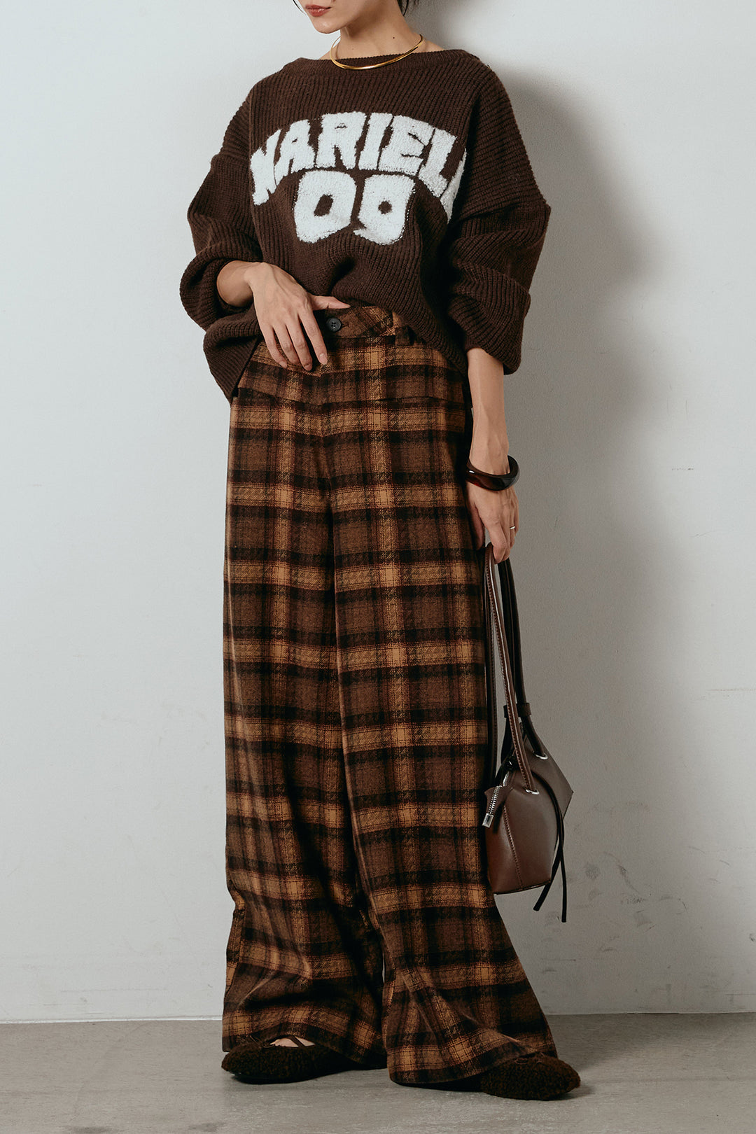 [SET]ロゴジャガードニットトップス+ルーズタータンチェックワイドパンツ(2set)