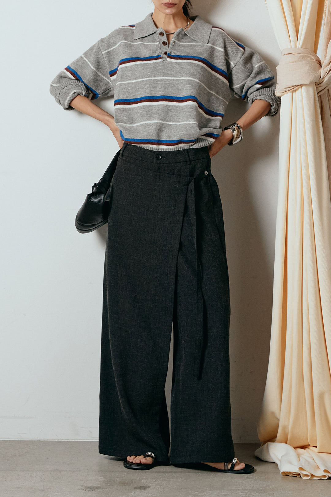 [SET]襟付きマルチボーダーニットポロトップス+ラップ巻きワイドスラックス(2set)