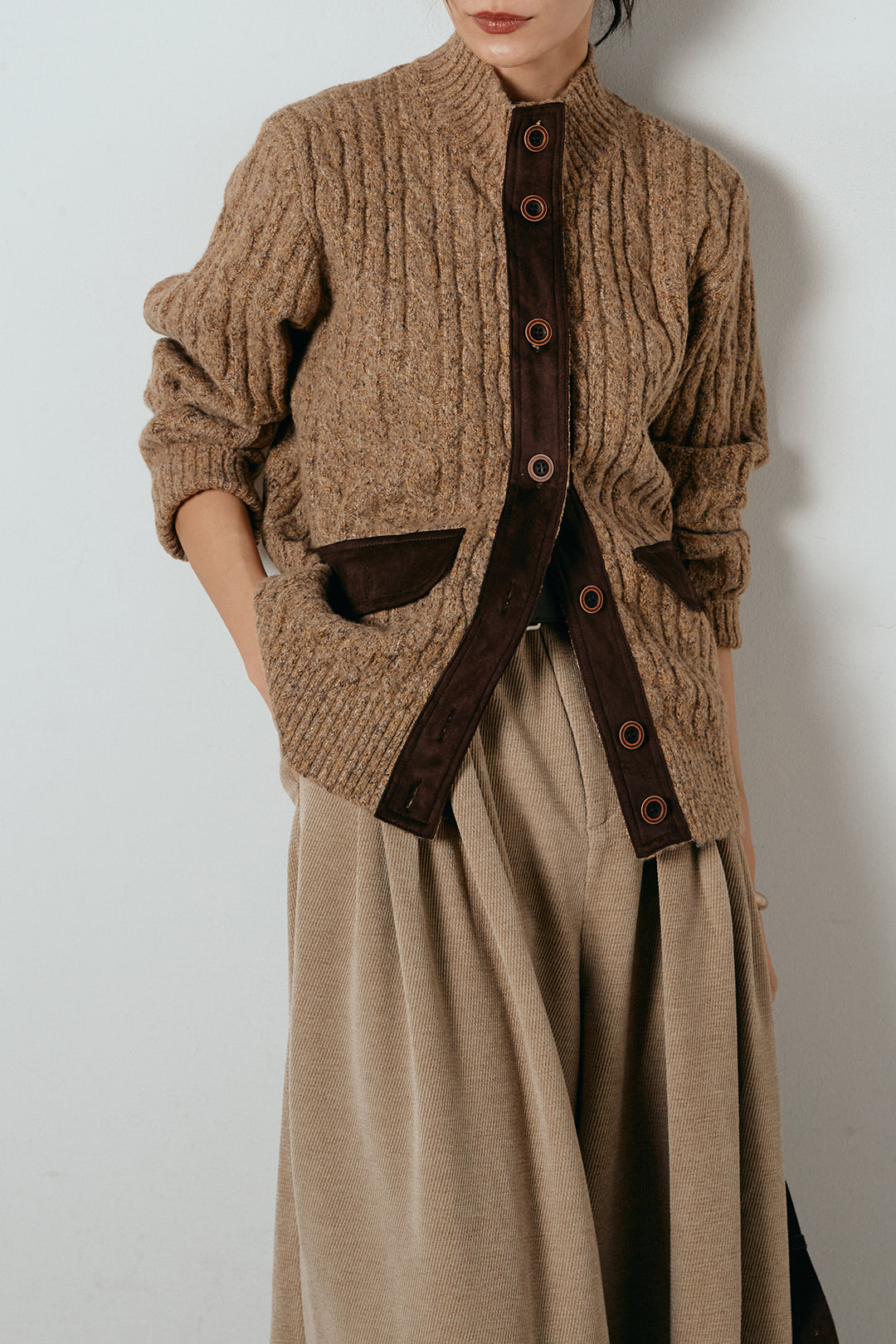 [SET]ボトルネックケーブルニットカーディガン+ベルトループコーデュロイワイドパンツ(2set)