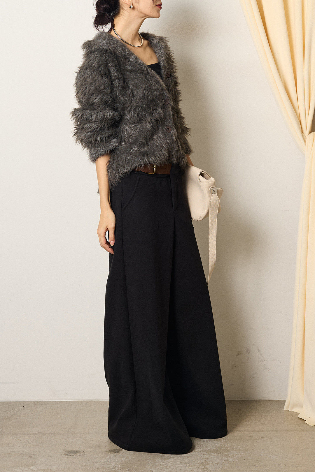 [SET]襟付きシャギーニットカーディガン+サイドベルトパンツ(2set)