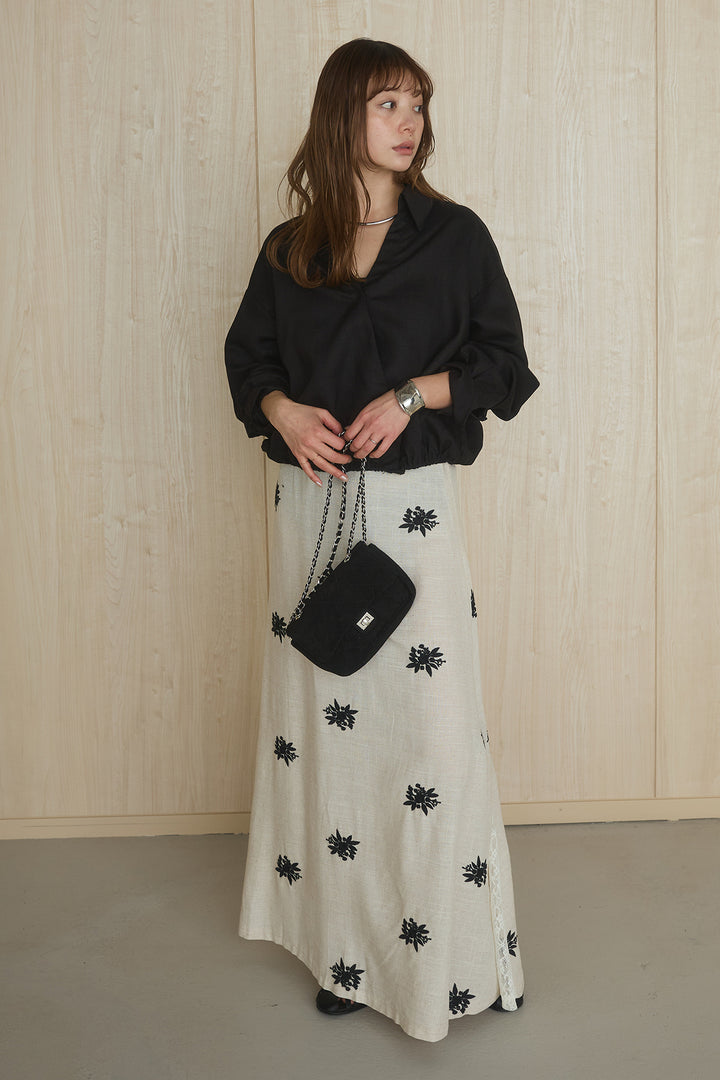 [SET]麻混襟付きトップス+レースコンビフラワー刺繍柄スカート(2set)