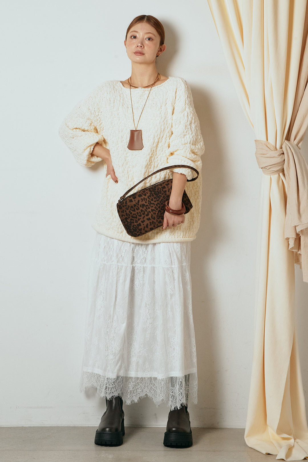 [SET]ボリューム編みニットプルオーバー+ひげレース切替ロング丈スカート(2set)