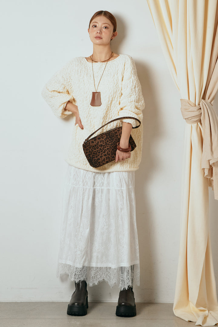 [SET]ボリューム編みニットプルオーバー+ひげレース切替ロング丈スカート(2set)