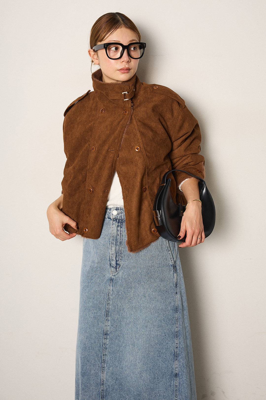 [SET]スタンド襟スウェードライクアウター+デニムロングフレアスカート(2set)