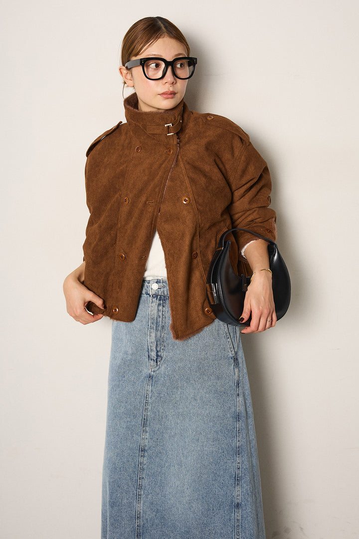 [SET]スタンド襟スウェードライクアウター+デニムロングフレアスカート(2set)