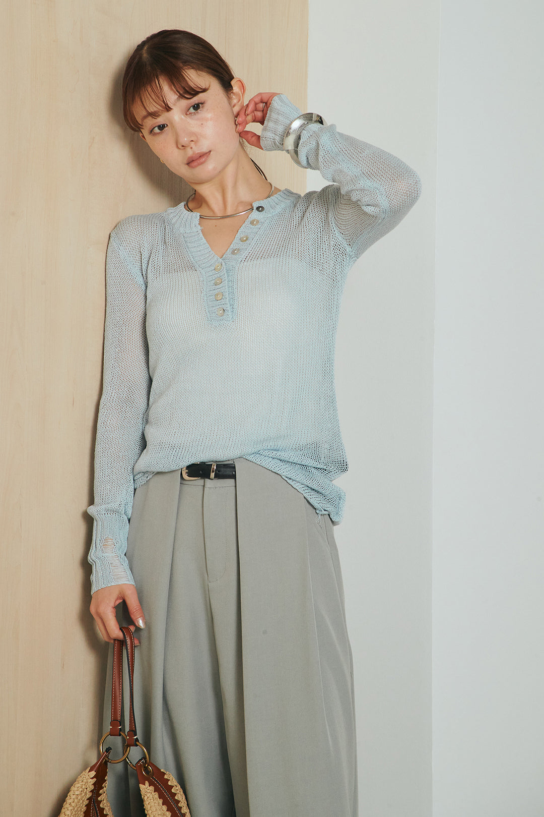 [SET]ヘンリーネックダメージニットプルオーバー+ビックベルトループタックベルト付きワイドパンツ(2set)