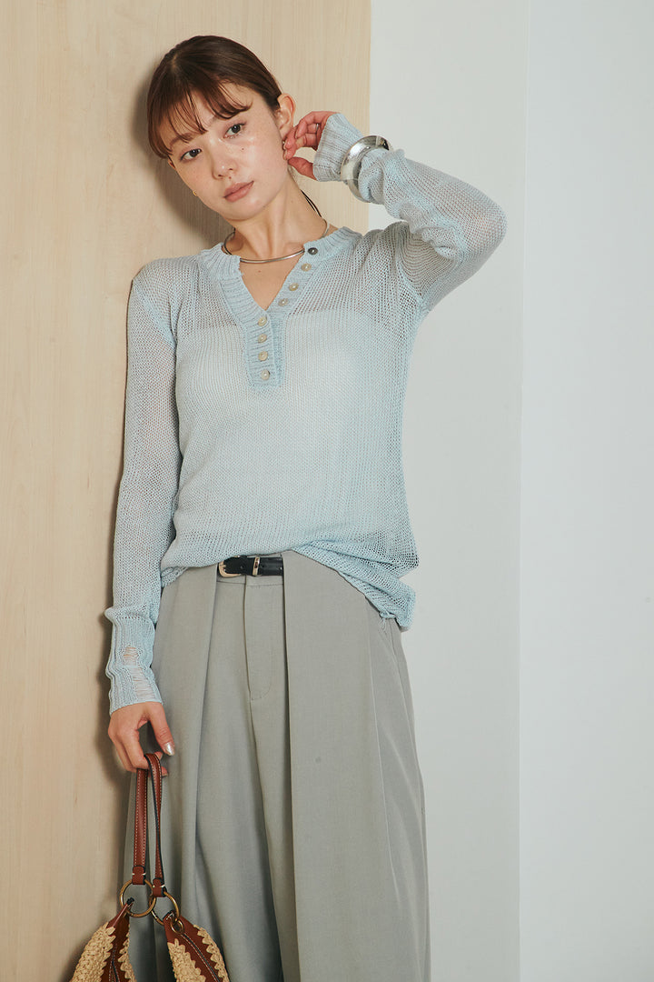 [SET]ヘンリーネックダメージニットプルオーバー+ビックベルトループタックベルト付きワイドパンツ(2set)