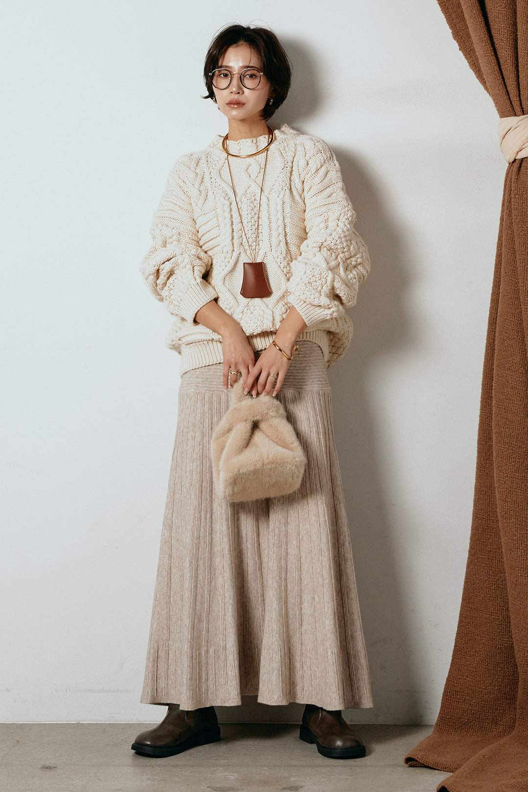 [SET]アラン柄ミックスケーブルニット+編み地切り替えフレアニットスカート(2set)