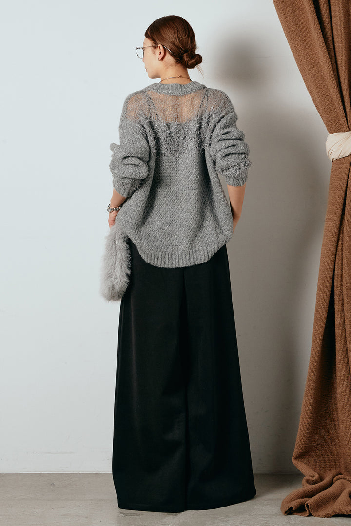 [SET]パターンランダム編みニットトップス+ベルト付きフロントタックデザインパンツ(2set)