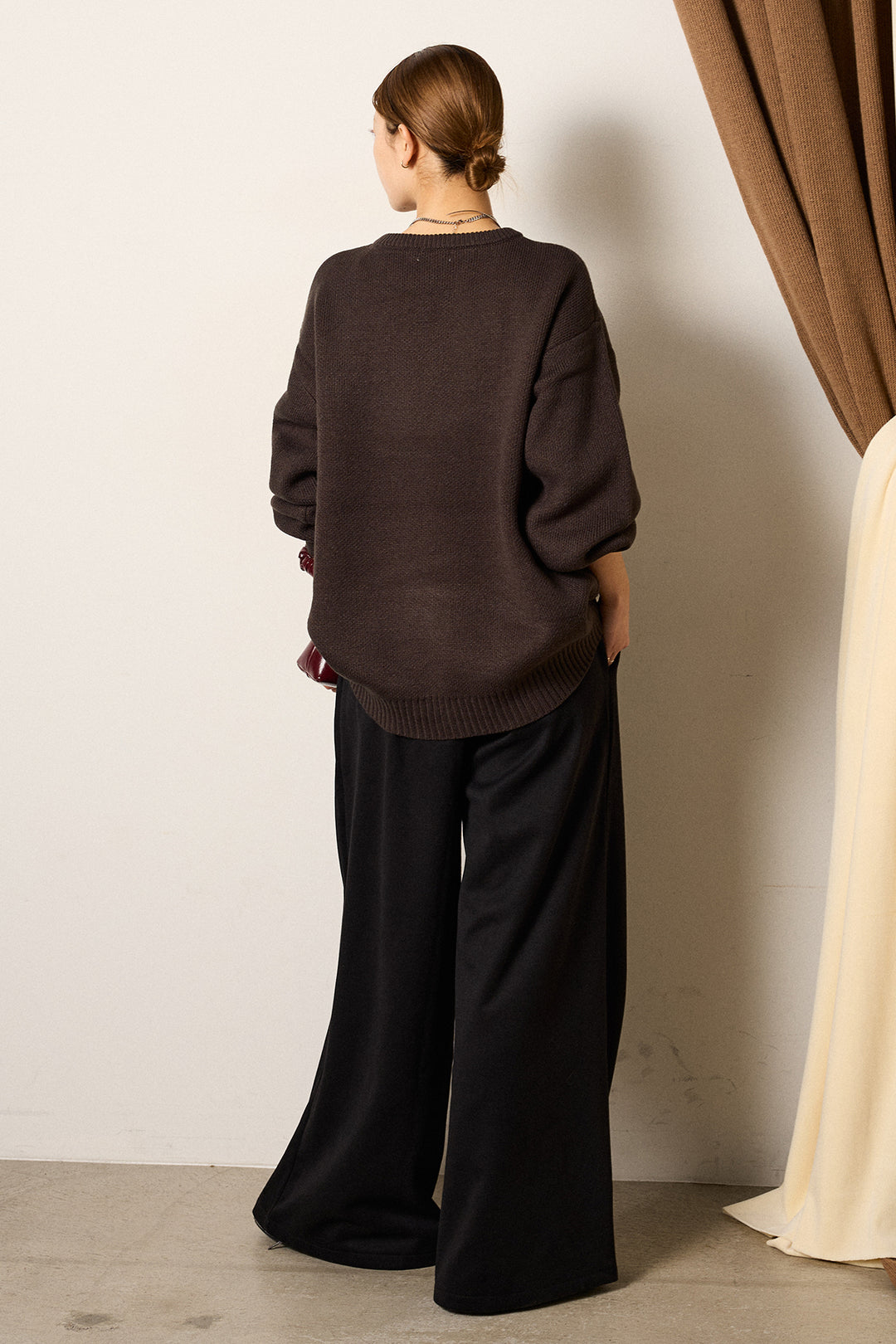 [SET]アニマルジャガード柄ニットトップス+巻ベルトウエストレザーライクワイドパンツ(2set)