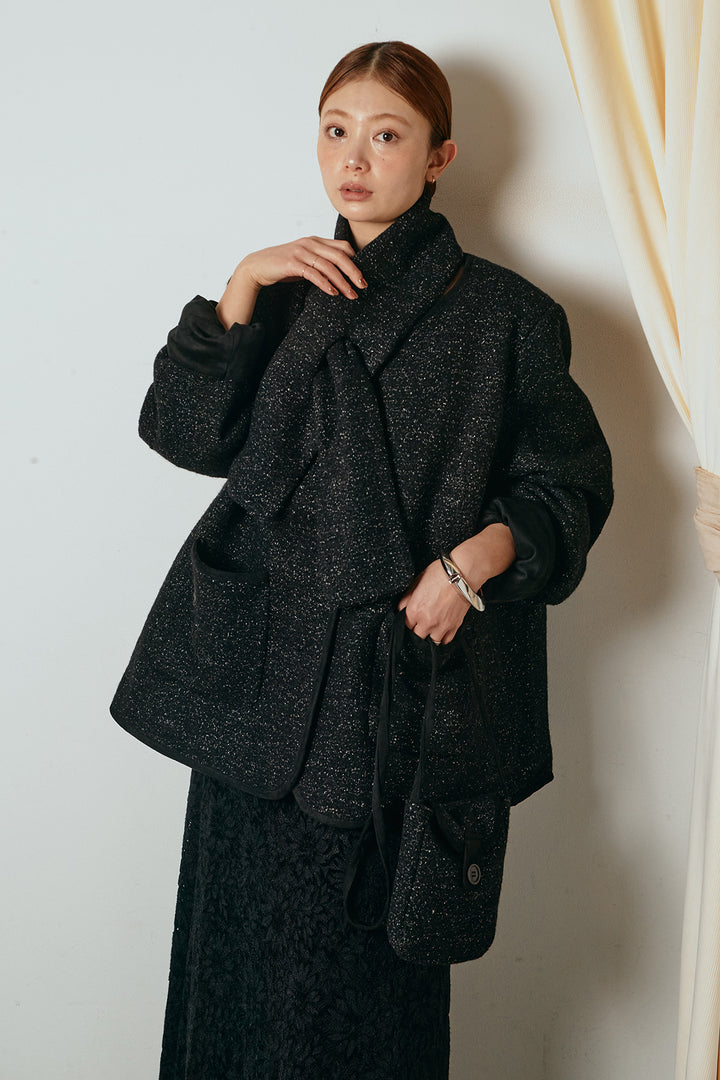 [SET]ノーカラーマフラーバッグ付きアウター+花柄刺繍ベロアフレアスカート(2set)