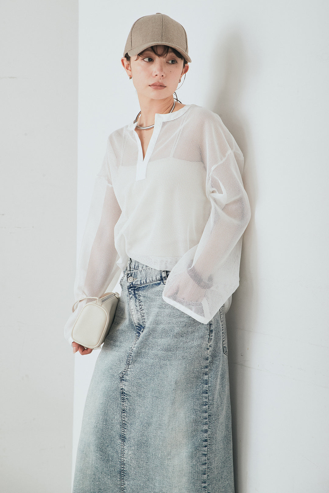 [SET]メッシュカットソースキッパープルオーバー+ウエストクロスデニムタイトスカート(2set)