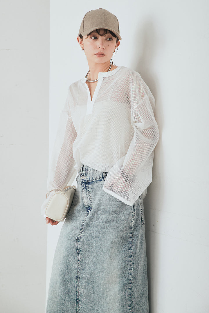 [SET]メッシュカットソースキッパープルオーバー+ウエストクロスデニムタイトスカート(2set)