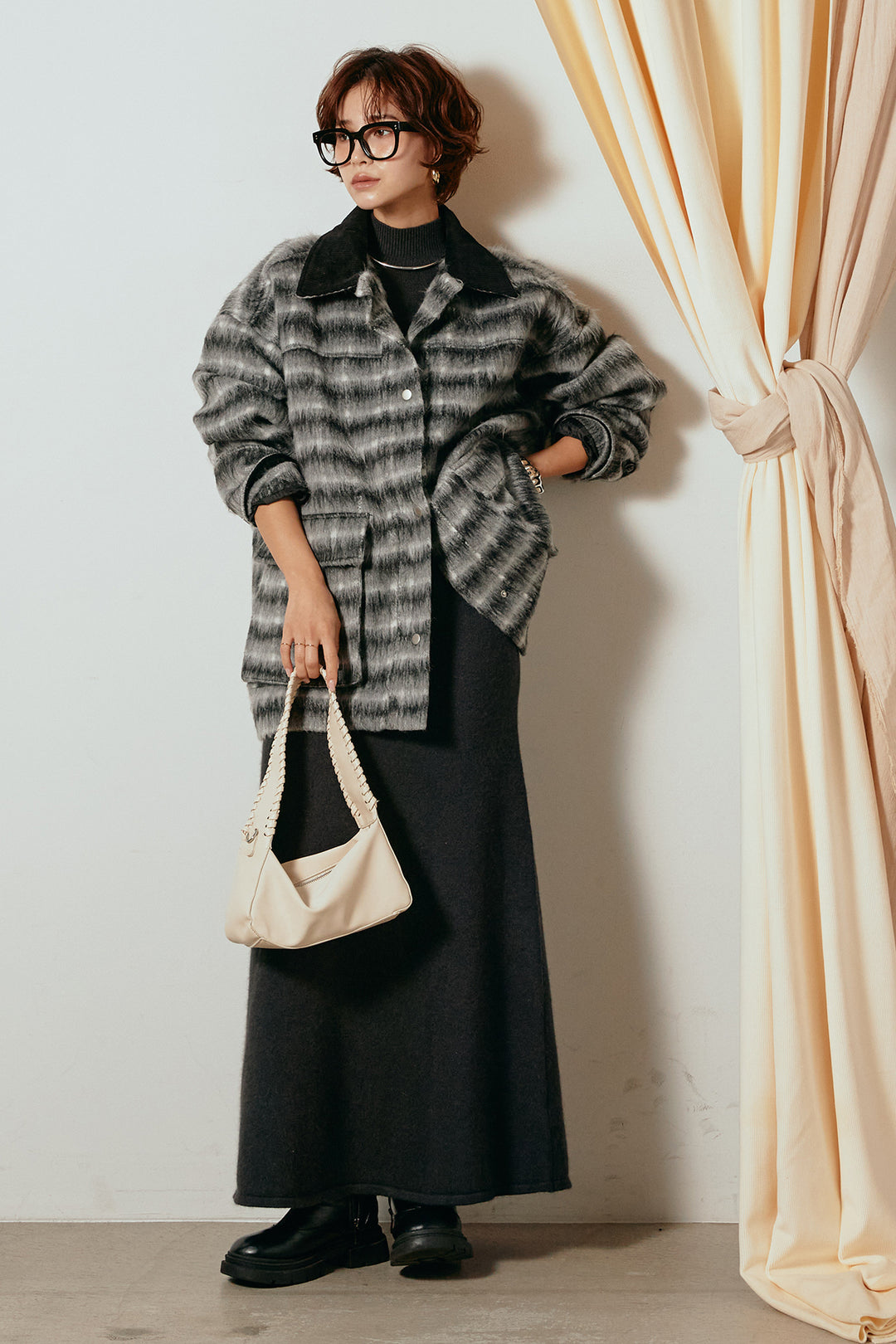 [SET]チェックシャギーミドルカバーオール+ノースリーブニットロングワンピース(2set)