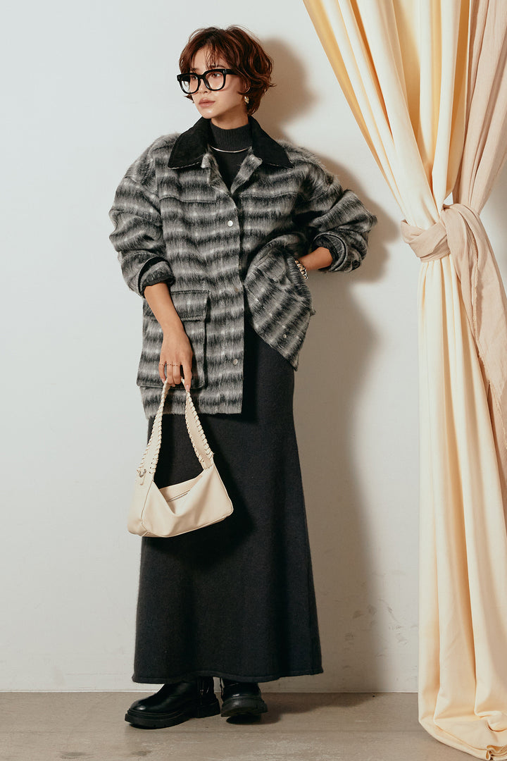 [SET]チェックシャギーミドルカバーオール+ノースリーブニットロングワンピース(2set)