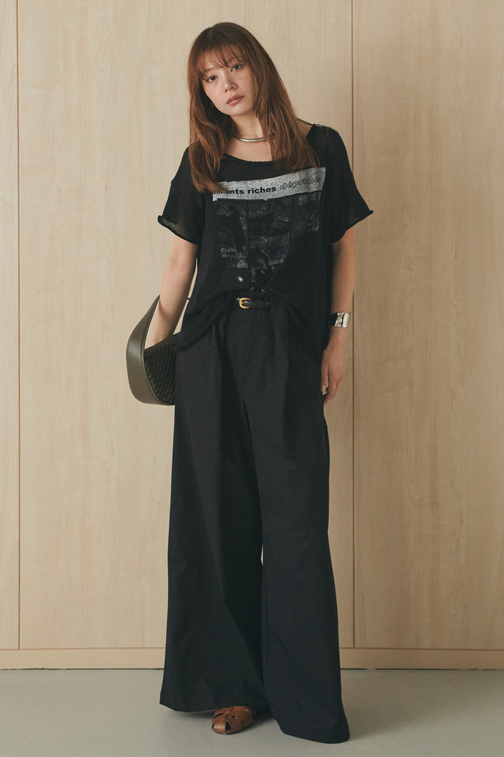 [SET]半袖モノトーングラフィックトップス+ベルトループデザインハイウエストタックパンツ(2set)