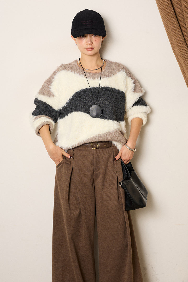 [SET]シャギーウェーブ柄クルーネックニットトップス+細ベルト付き起毛タックワイドパンツ(2set)