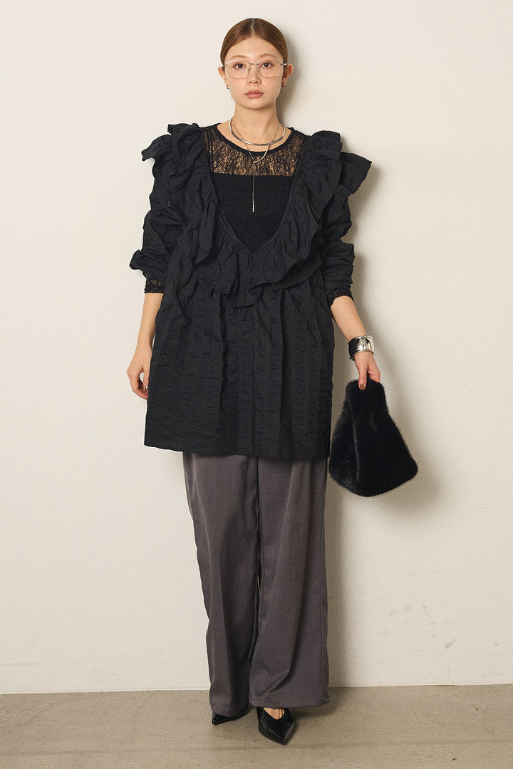 [SET]Vネックフリルカラーブラウス+ツイルスプリングカラータックパンツ+ストレッチレースクルーネックインナー(3set)