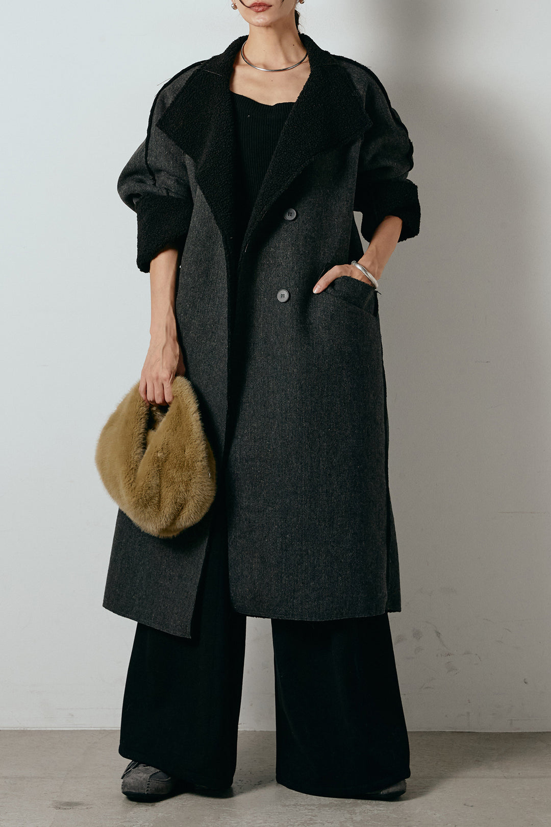 [SET]裏地ボアハイネックロングアウター+フェイクレザー太ベルト付きタックワイドパンツ(2set)