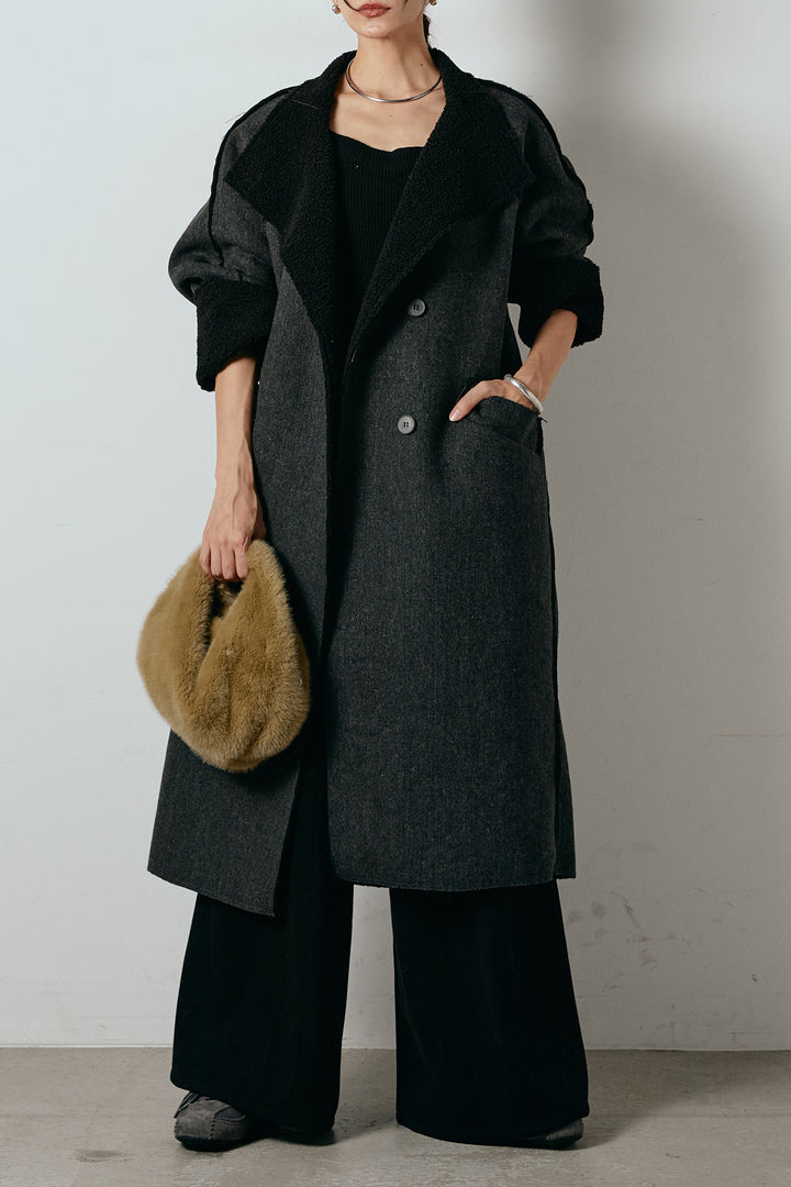 [SET]裏地ボアハイネックロングアウター+フェイクレザー太ベルト付きタックワイドパンツ(2set)