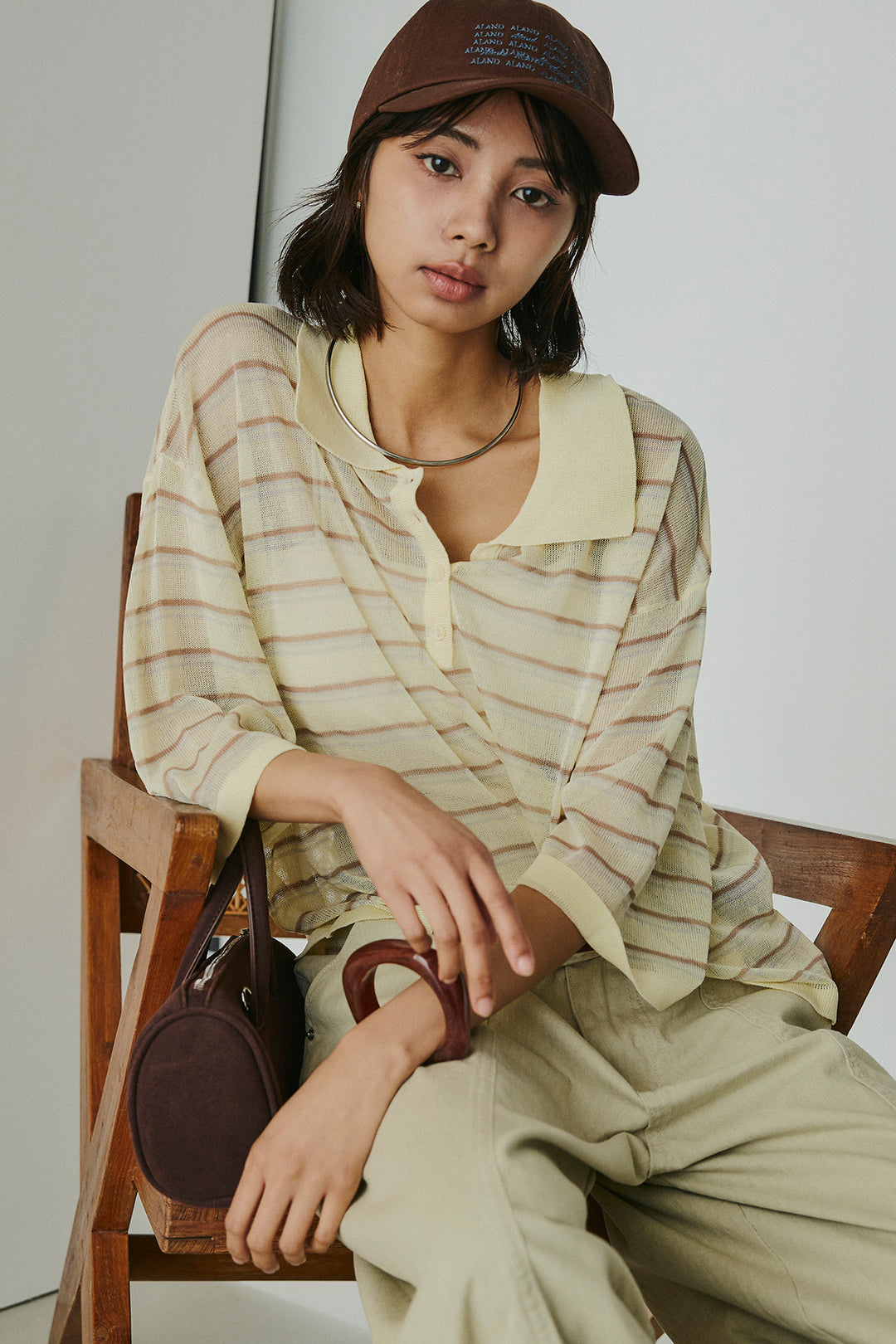 [SET]ボーダーニットポロシャツ+サイドベルトカーブワイドパンツ(2set)